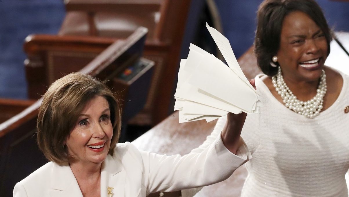 At the end of yet another historic State of the Union address by President Trump, Speaker of the House Nancy Pelosi could be seen tearing up her copy of his SOTU speech.