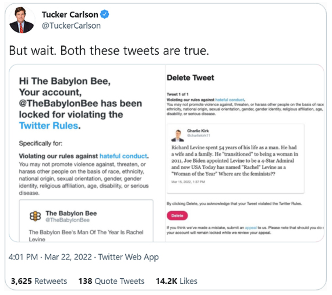 Tucker Carlson censored by Twitter regarding Babylon Bee's tweet
