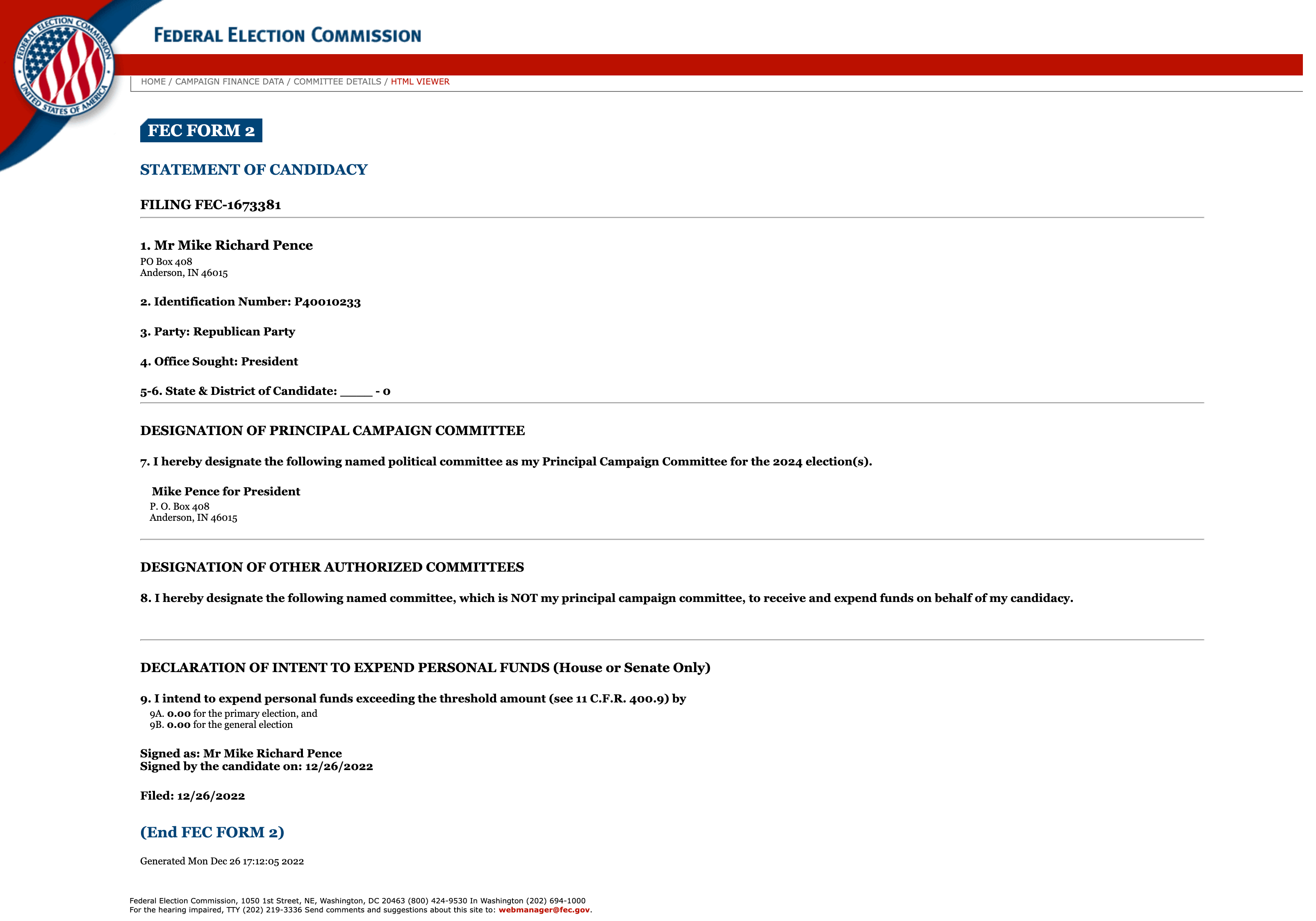 Did Mike Pence File To Run In 2024?